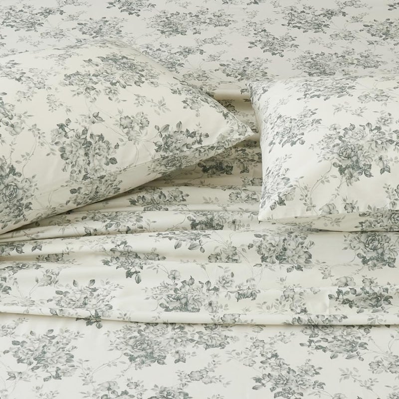 DAUAOTO 100% Cotton Sheets Set Twin Size Printed Bedding Sets, Up to 14" Deep Mattress, Toile Rose Floral Pattern Bedlinen Set, Gray - Image 1