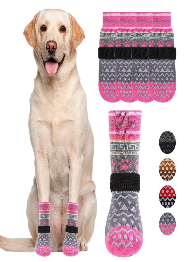 KOOLTAIL Dog Socks to Prevent Licking Paws for Hardwood Floors Anti Slip, Winter Warm Pet Boots&Paw Protector with Grippers, Double Sides Dog Shoes Booties for Small Medium Large Senior Dogs Pink XL - Image 1