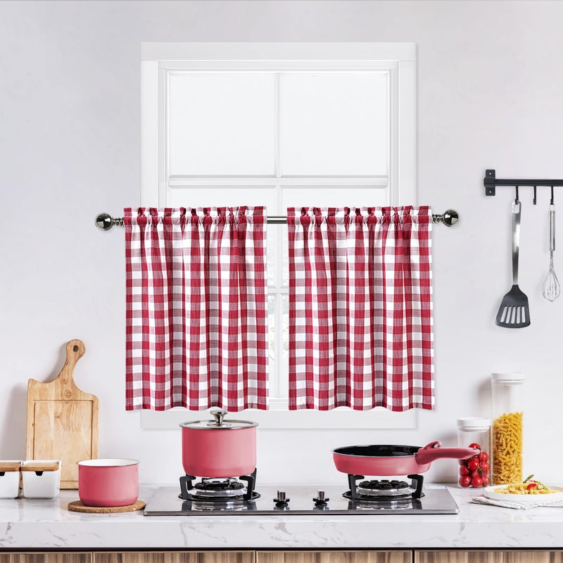 Bapawfish Red and White Tier Kitchen Curtains 36 Inches Long,Burgundy Buffalo Plaid Gingham Rod Pocket Window Treatment Set Half Window Cafe Curtains for Kitchen Bathroom,28"x36",Red/White,Set of 2 - Image 1