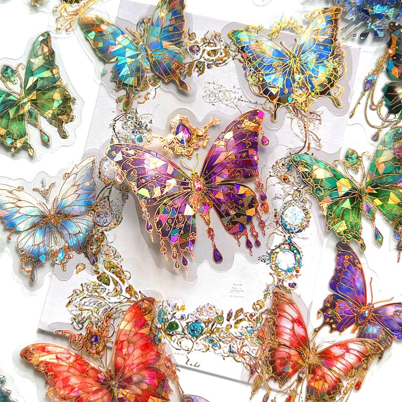 Aromoty Butterfly Stickers Set 120 Pieces with 6 ThemesGorgeous Crystals Holographic Transparent Resin Waterproof Sticker Decals for Scrapbook Supplies Junk Bullet Journals Laptop Crafts Decor