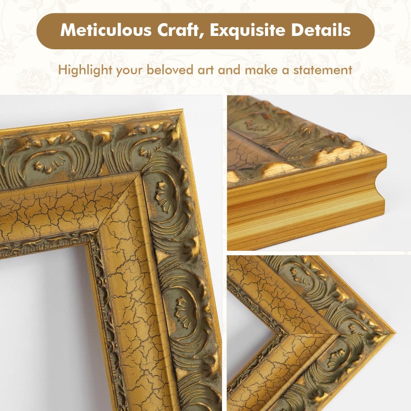 FOLKOR Retro Ornate Frame for 16x20 Canvas Prints, DIY 2.8" Wooden Art Frame for Italian Renaissance Paintings, Gallery Wall Art for Home Office Museum Library Book Shop Decor, No Glass & Back (Gold) - Image 4