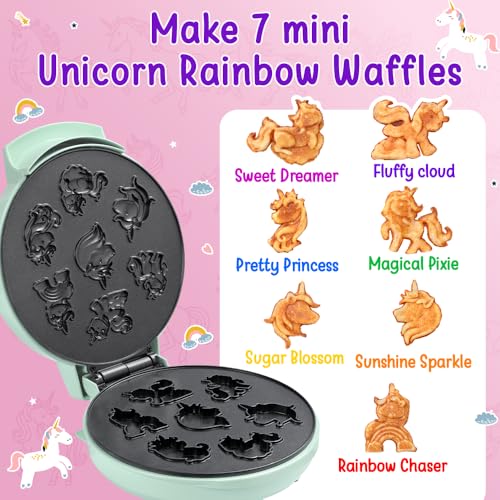 Primalite Unicorn Rainbow Waffle Maker Machine for Kids- 700 Watts - Make 7-Mini Fun & Magical 3D Unicorn Shaped Waffles or Pancakes | Unique Gift Idea | Electric Non-Stick Iron- Mint Green - Image 3