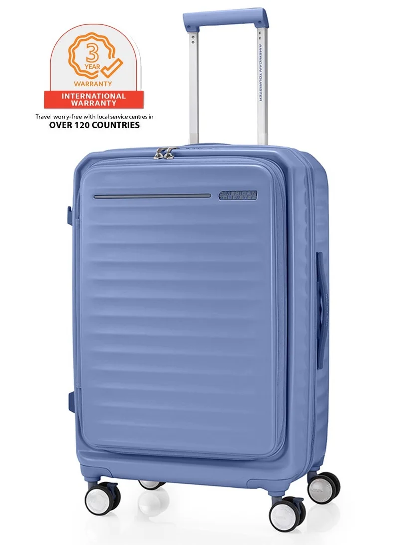 Frontec Suitcase, Check-In Size 68 cm / 25 inch, 4 Spinner Wheels, Hard Top, Polycarbonate, Elemental Blue|Front Laptop Compartment|Expandable|PlentiVol™ Book Opening|2-in-1 Optimov™ + STEPause™ Shock Absorbing Wheels|TSA 008 Lock|DuoSaf™ Security Zipper - 3 Years International Warranty