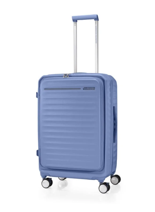 AMERICAN TOURISTER Frontec Suitcase, Check-In Size 68 cm / 25 inch, 4 Spinner Wheels, Hard Top, Polycarbonate, Elemental Blue|Expandable|Book Opening|2-in-1 Optimov™ + STEPause™ Shock Absorbing Wheels|TSA 008 Lock|DuoSaf™ Security Zipper - 3 Years International Warranty