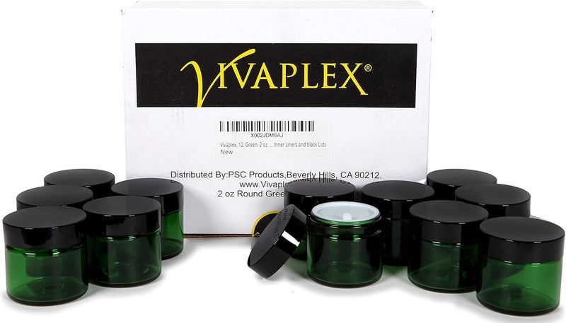 Vivaplex جرار زجاجية دائرية خضراء 2 أونصة من فيفابلكس 12 مع بطانات داخلية وأغطية سوداء - Image 3