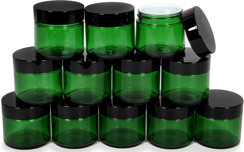 Vivaplex جرار زجاجية دائرية خضراء 2 أونصة من فيفابلكس 12 مع بطانات داخلية وأغطية سوداء - Image 1