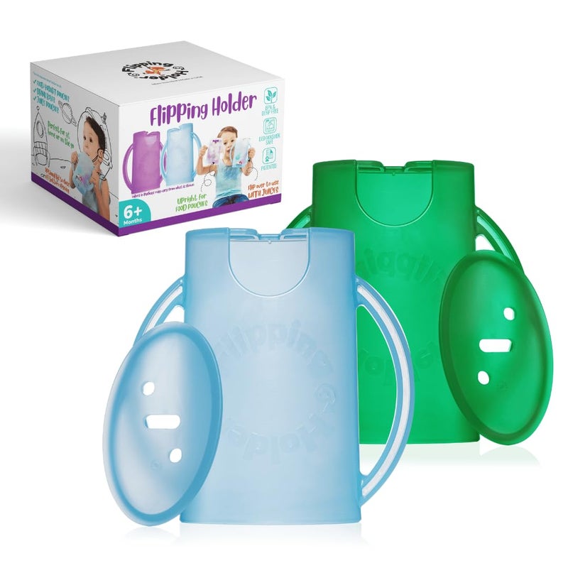 Flipping Holder حامل أكياس الطعام المضاد للضغط للأطفال، الرضع، والأولاد، حامل مشروبات عصير بدون ضغط وحامل وجبات خفيفة من صلصة التفاح مع مقابض سهلة الإمساك وغطاء - Image 1