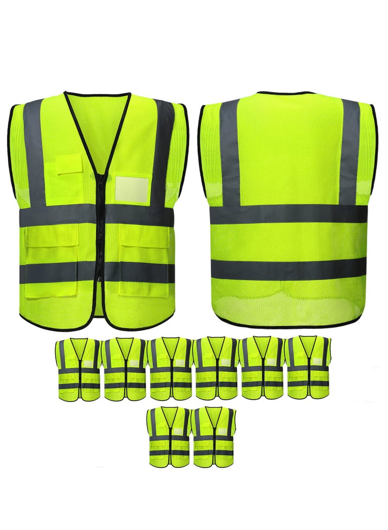 10-Pack High Visibility Safety Vests with Pockets and Zipper, Reflective Mesh Construction Vests for Men and Women, Breathable Neon Vests for Outdoor Work, Running, Cycling, and Night Walking. - Image 1
