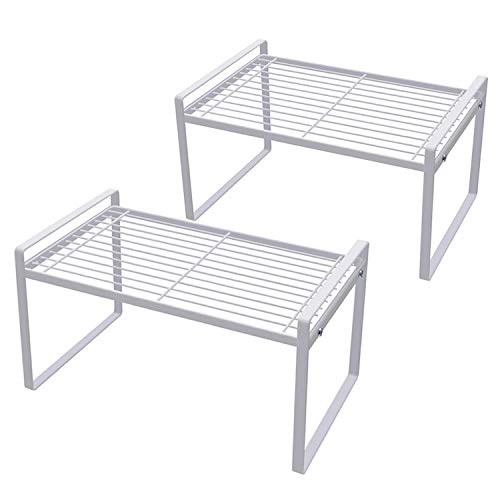 Shantton 2 Pack Kitchen Cabinet Shelf Counter Organizer Rack Pantry Storage Bathroom Bedroom Office Table Desk Space Saving Steel Frame Stackable Rust Resistant Non Slip White - Image 1