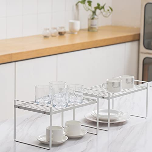Shantton 2 Pack Kitchen Cabinet Shelf Counter Organizer Rack Pantry Storage Bathroom Bedroom Office Table Desk Space Saving Steel Frame Stackable Rust Resistant Non Slip White - Image 5