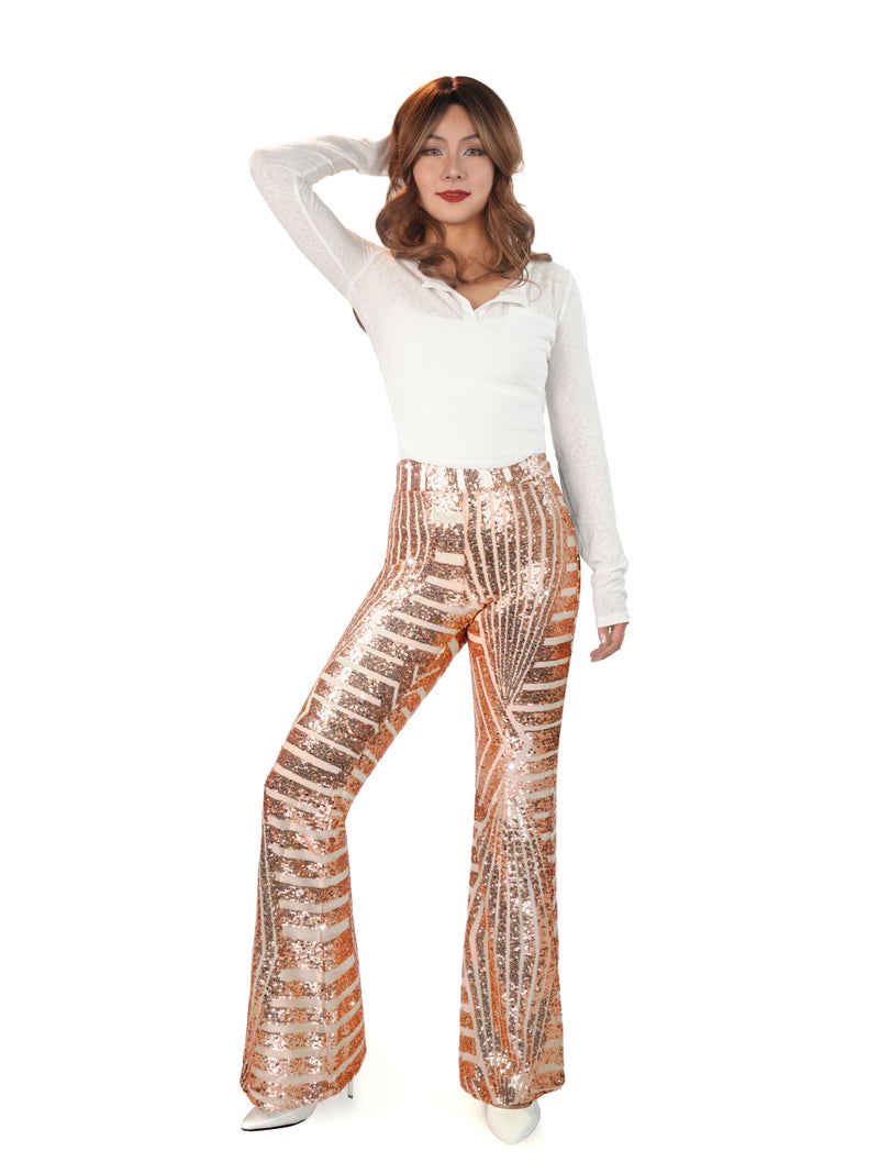 Nawgut Sequin Flare Pants Sparkly Glitter High Waisted Bell Bottom Trousers Disco Party Clubwear for Women-Large Champagne - Image 3