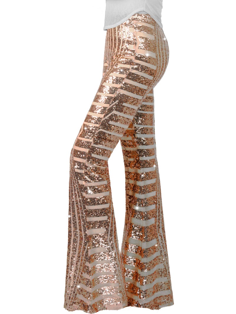 Nawgut Sequin Flare Pants Sparkly Glitter High Waisted Bell Bottom Trousers Disco Party Clubwear for Women-Large Champagne - Image 1
