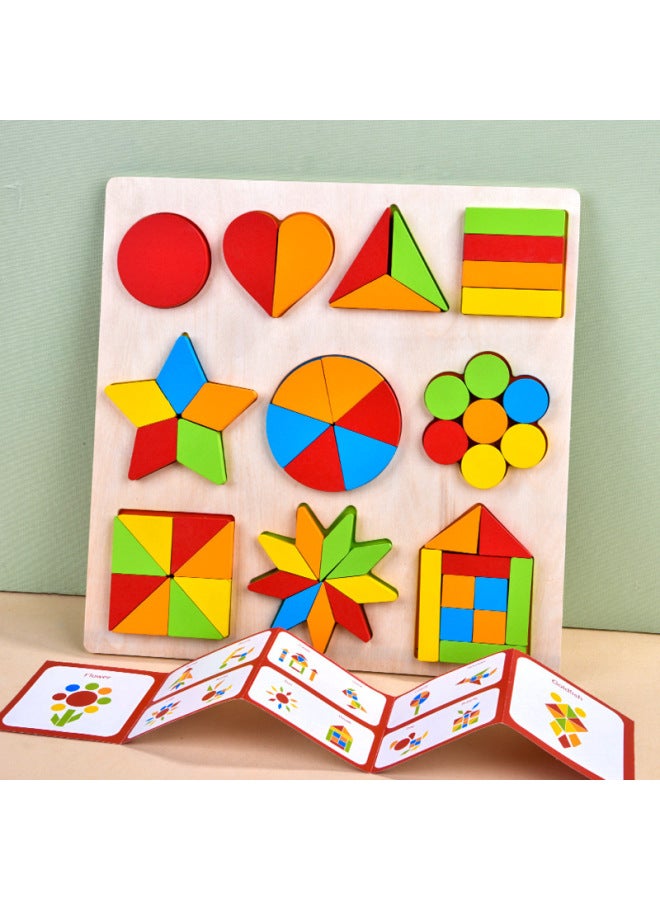Wooden Jigsaw Puzzle Equal Geometric Shape Puzzle Graphic Puzzle Wooden Children's Early Education Educational Toys Teaching Aids-Color:Flower Pattern Puzzle - Image 5