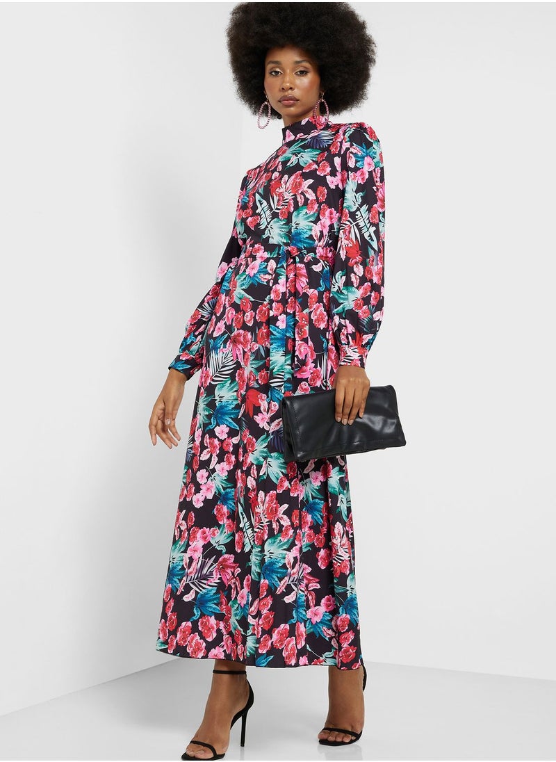 High Neck Pleated Belted Dress