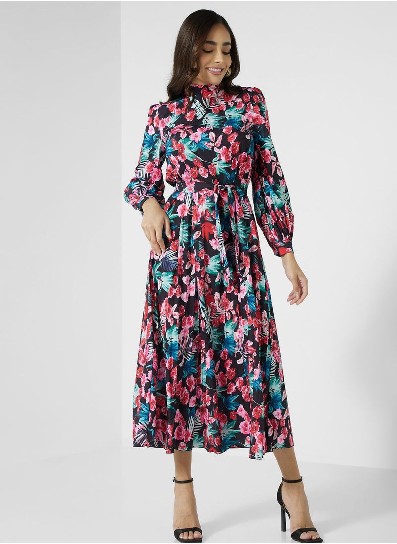 High Neck Pleated Belted Dress