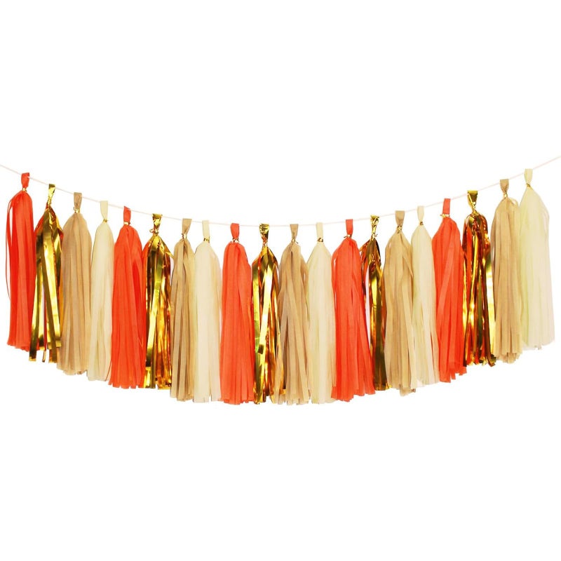 Aonor Tassel Garland Tissue Paper Tassels Banner for Graduation Party Decorations Thanksgiving First Birthday Party Decorations 20 pcs DIY Kits OrangeMetallic GoldTanIvory