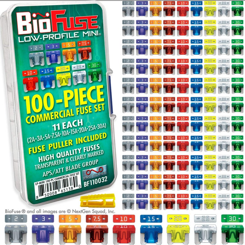 BioFuse Low Profile Mini ATT 100 Piece Automotive Commercial Car Fuse Assortment (99 LP-Mini Blade Fuses + Fuse Puller) 2A 3A 5A 7.5A 10A 15A 20A 25A 30A - Image 1