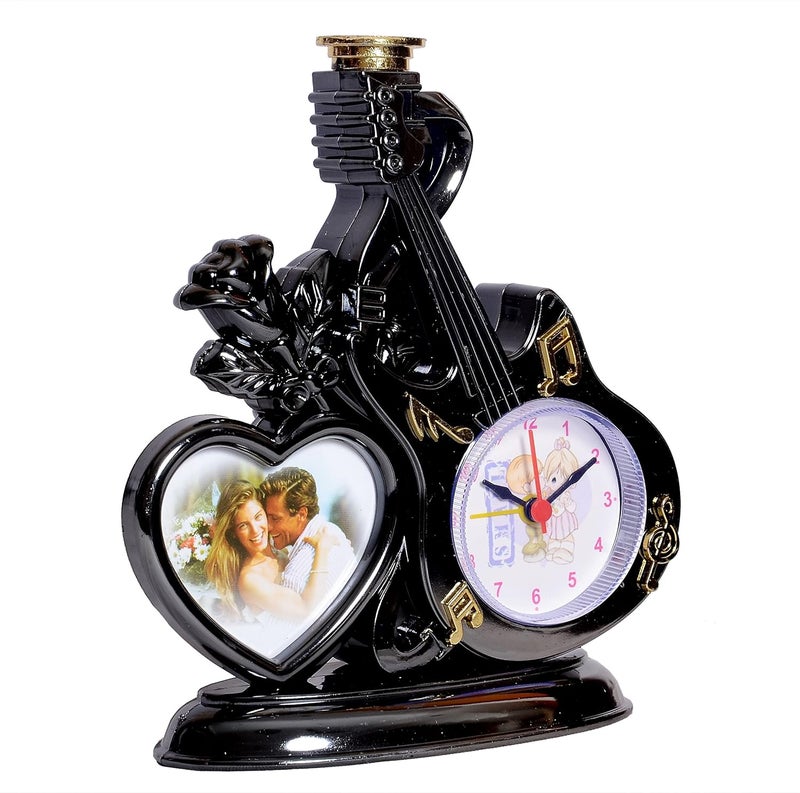Sigaram Analog Alarm Table Clock with Photo Frame Heart Design and Guiter Decorative Clock for Home Attractive Black Color and Designer Clock Showpiece for Table Office Home - Image 2