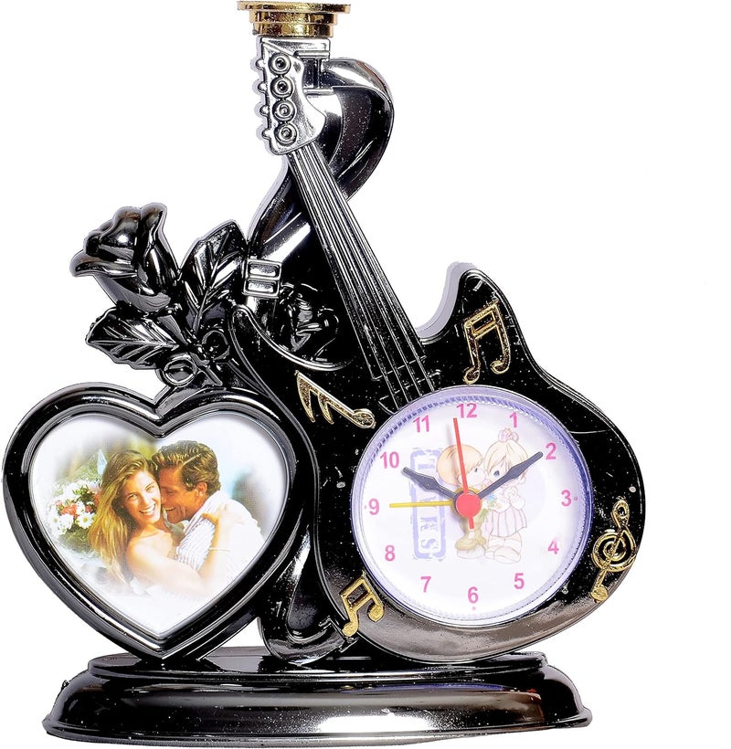 Sigaram Analog Alarm Table Clock with Photo Frame Heart Design and Guiter Decorative Clock for Home Attractive Black Color and Designer Clock Showpiece for Table Office Home - Image 1