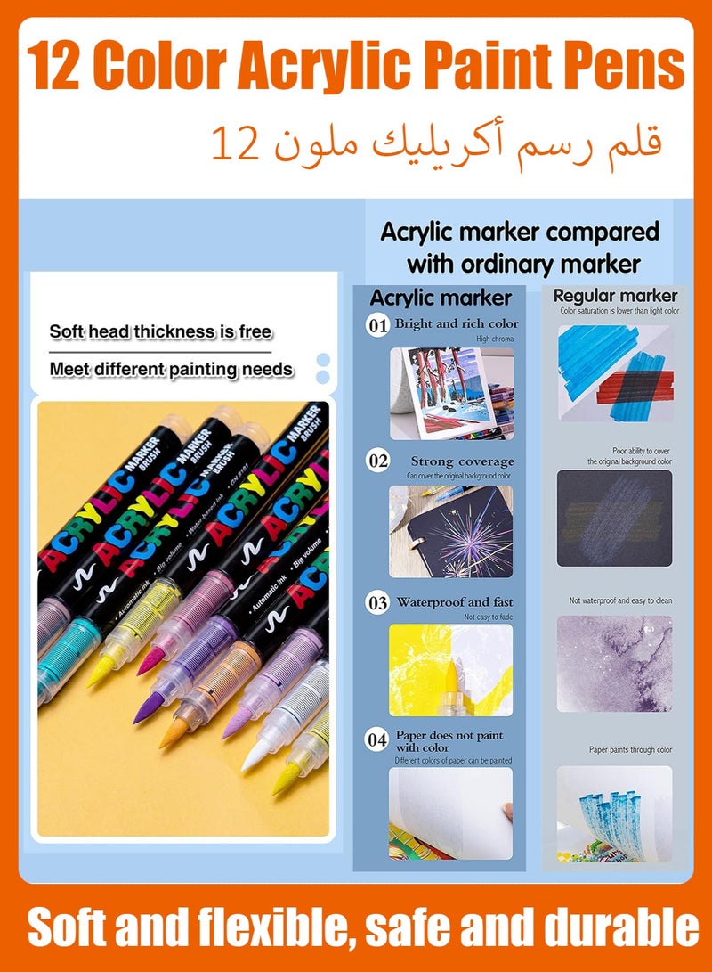 GuangNa 12-color acrylic paint markers, soft-bristle acrylic paint markers, quick-drying and waterproof acrylic markers, suitable for canvas, rock painting, wood, stone, glass, ceramics, fabric painting, and DIY crafts. - view 4