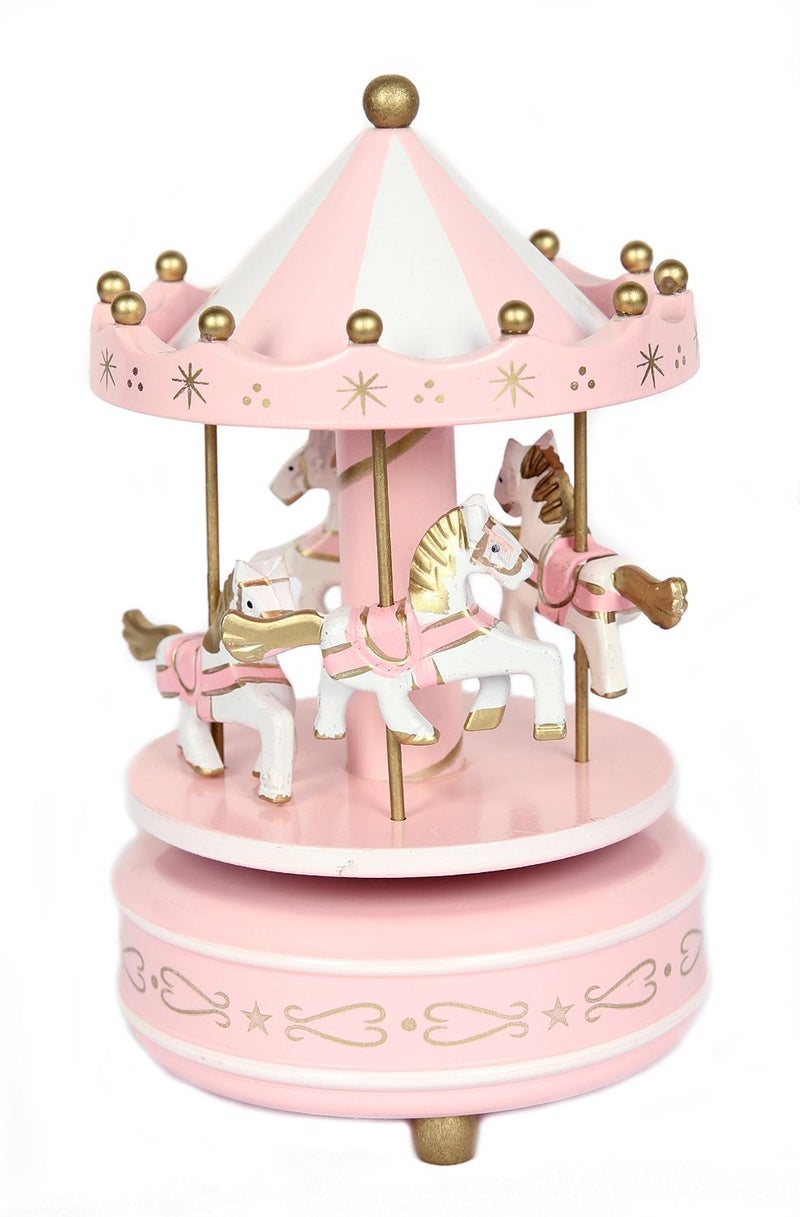 School Supplies Schoolsupplies New Pink Wooden Merry Go Round Carousel Classic Music Box Kids Girls Gift Toy 