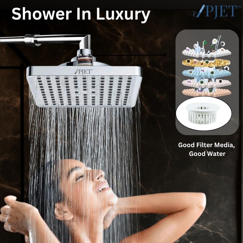 PJET EcoRain 6-Inch Bahroom Shower Head Filter | 15-Stage Shower Head for Bathroomwith Softener | Chlorine Removal Hard Water Filter | Hair Fall Control | Silver Finish | For Skin & Hair - Image 2