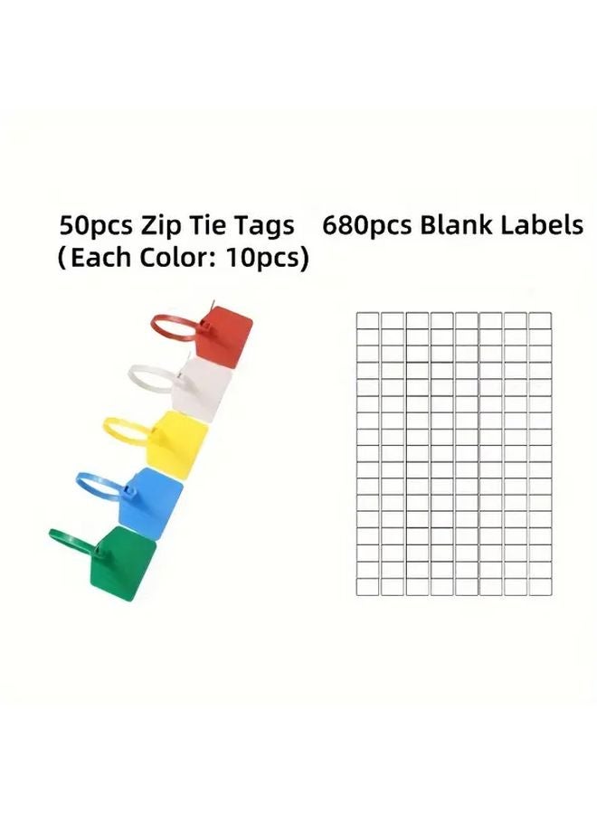 50 Zip Tie Tags With 680 Labels Self Locking Write On For Wire Marking Organization Multicolor - Image 1