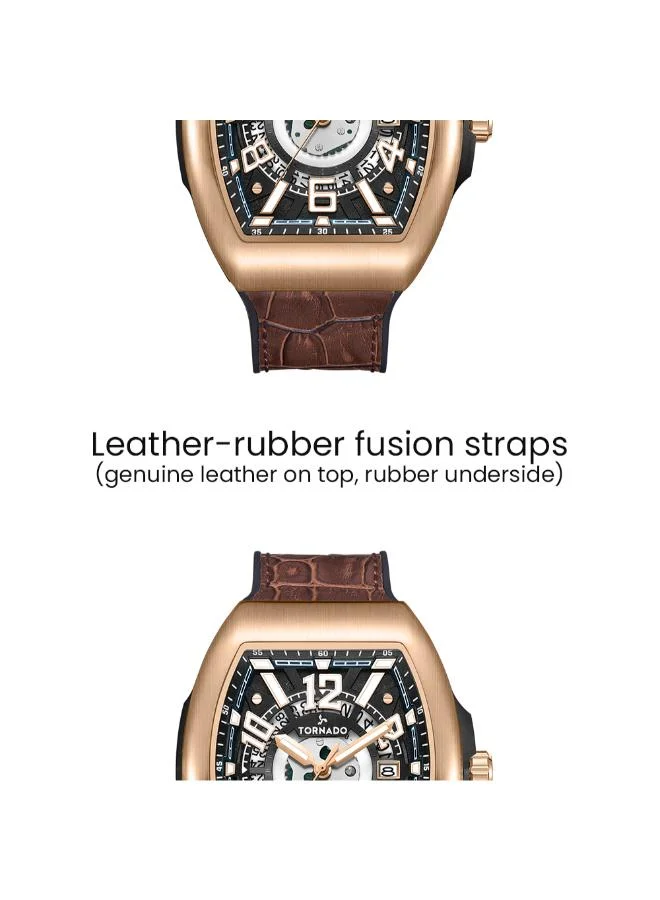 TORNADO Men's Leather-rubber fusion straps (genuine leather on top, rubber underside) Analog Watch T25301-RLDB - 44 mm