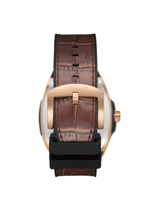 TORNADO Men's Leather-rubber fusion straps (genuine leather on top, rubber underside) Analog Watch T25301-RLDB - 44 mm