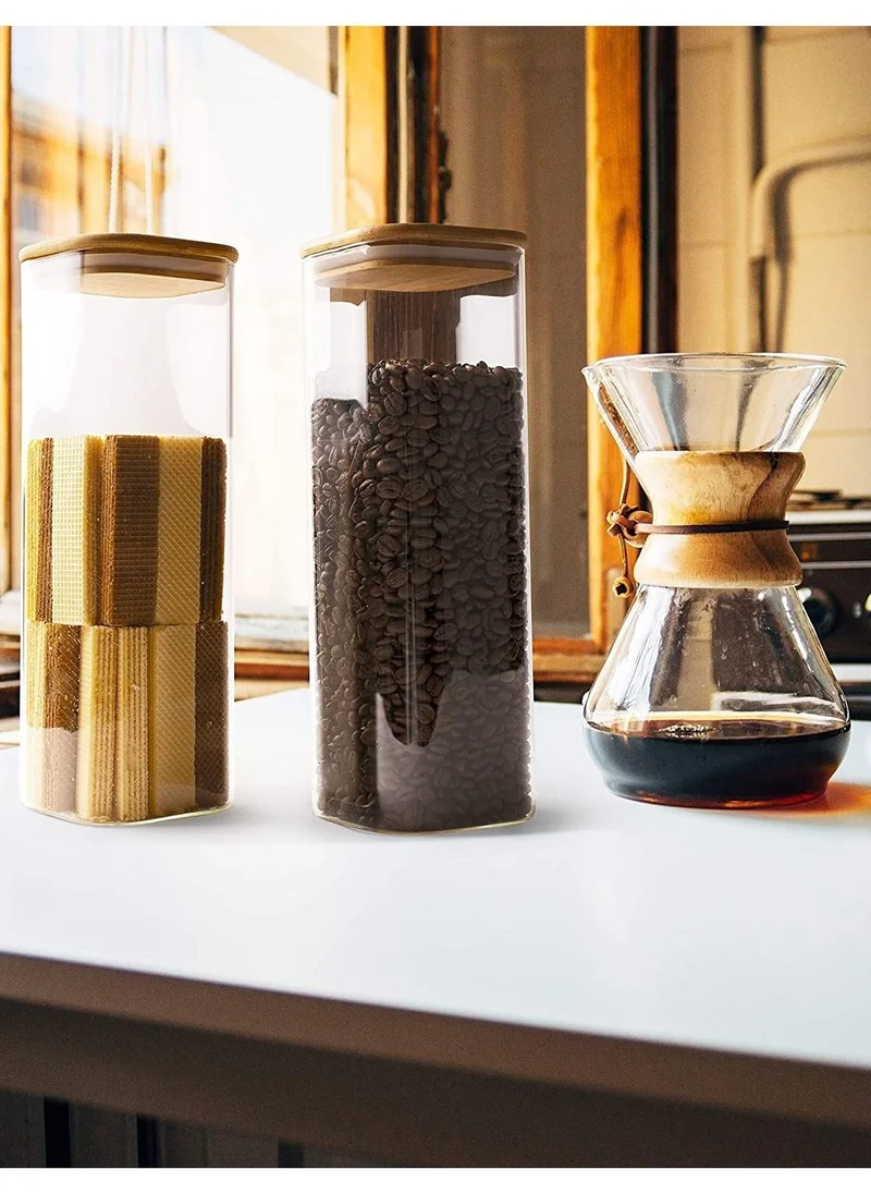 1Chase Borosilicate Square Glass Storage Jar With Bamboo Lid 1800 ML, 2Pcs Set