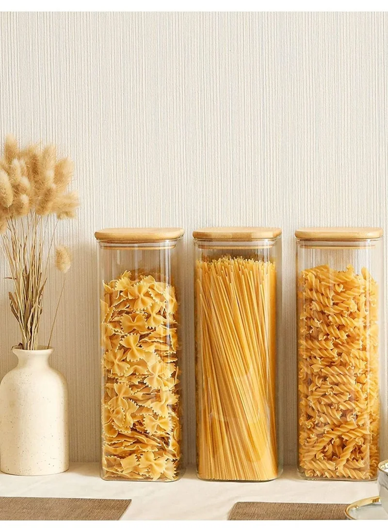 1Chase Borosilicate Square Glass Storage Jar With Bamboo Lid 1800 ML, 2Pcs Set