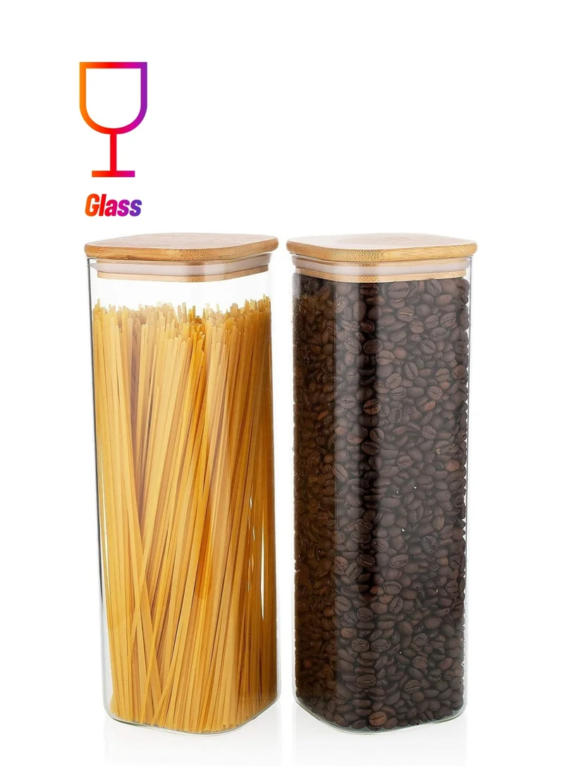 1Chase Borosilicate Square Glass Storage Jar With Bamboo Lid 1800 ML, 2Pcs Set
