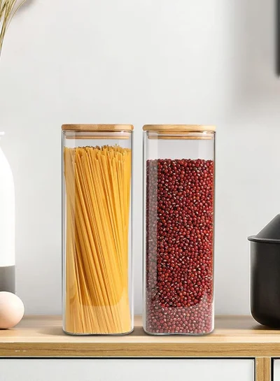 1Chase Borosilicate Square Glass Storage Jar With Bamboo Lid 1800 ML, 2Pcs Set