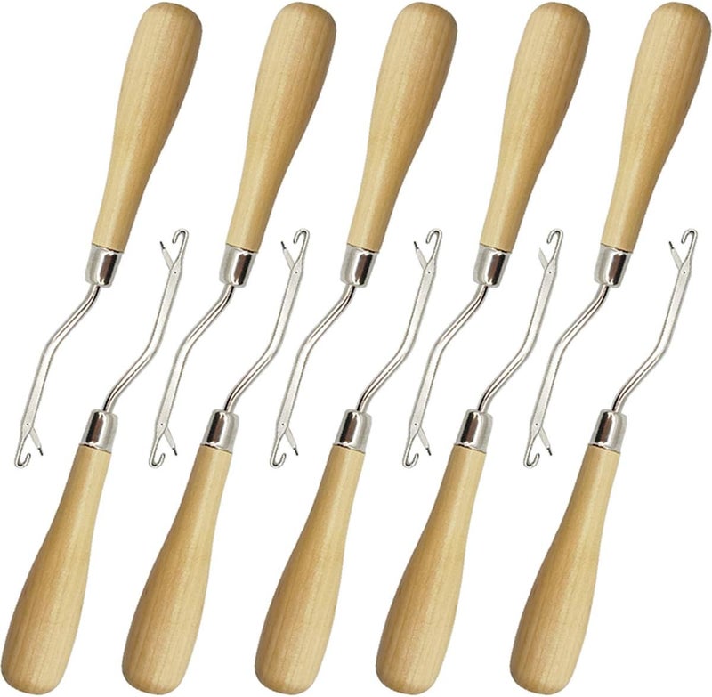 ROYHOO 10PCS Wooden Bent Latch Hook Tool Knitting Tool Needle Hook with Wood Handle for Crafts Carpet - Image 1