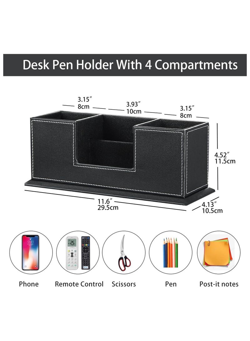 YelaJoy Desk Pencil Holder, Pen Holder for Desk, Black PU Leather Desktop Organizer, Executive Desk Organizers and Accessories, 4 Slots Office Organizer Pencil Cup, Phone/Business Card Holder Stand - Image 2