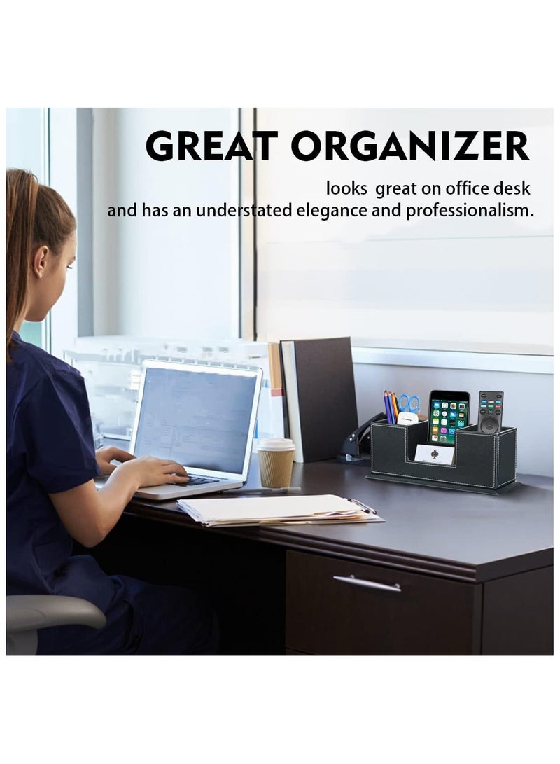 YelaJoy Desk Pencil Holder, Pen Holder for Desk, Black PU Leather Desktop Organizer, Executive Desk Organizers and Accessories, 4 Slots Office Organizer Pencil Cup, Phone/Business Card Holder Stand - Image 3