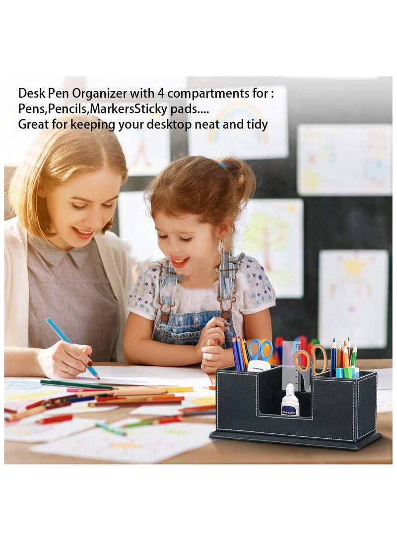 YelaJoy Desk Pencil Holder, Pen Holder for Desk, Black PU Leather Desktop Organizer, Executive Desk Organizers and Accessories, 4 Slots Office Organizer Pencil Cup, Phone/Business Card Holder Stand - Image 4