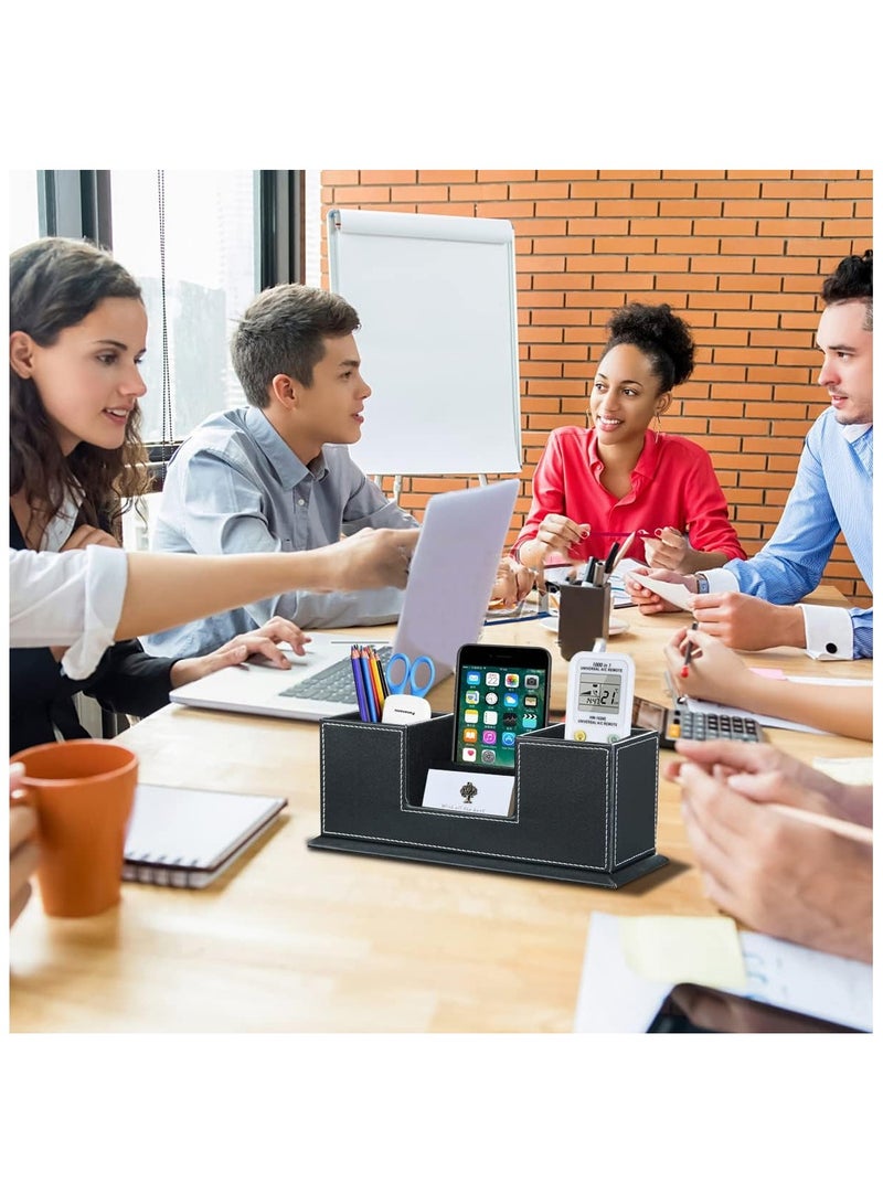 YelaJoy Desk Pencil Holder, Pen Holder for Desk, Black PU Leather Desktop Organizer, Executive Desk Organizers and Accessories, 4 Slots Office Organizer Pencil Cup, Phone/Business Card Holder Stand - Image 5