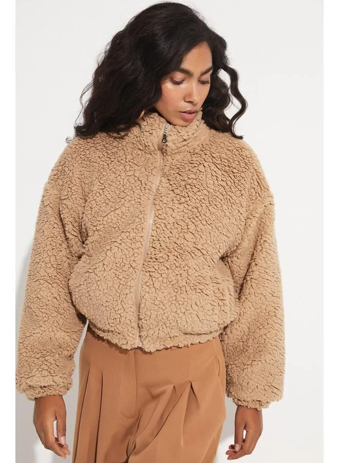 جون June Hooded Plush Coat Mink