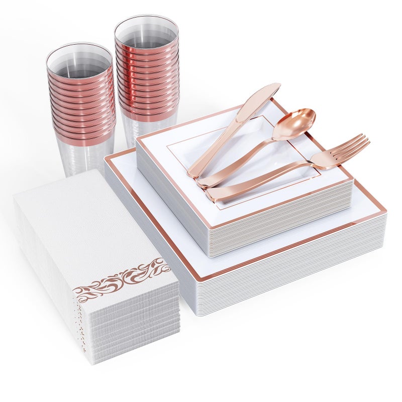 FOCUSLINE 175 Ct Rose Gold Dinnerware Set for 25 Guests  Square Plastic Plates with Rose Gold Rim Includes 25 Disposable Dinner  Dessert Plates Napkins Cups Cutlery Set for Wedding Parties