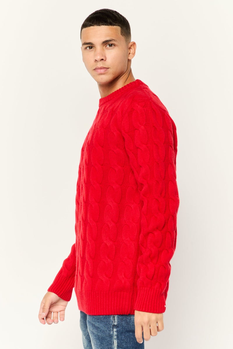 ESPRIT سويت شيرت محبوك بياقة مضلعة للرجال، أحمر - Image 4