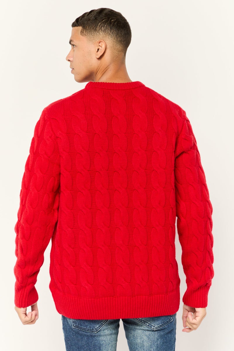 ESPRIT سويت شيرت محبوك بياقة مضلعة للرجال، أحمر - Image 3