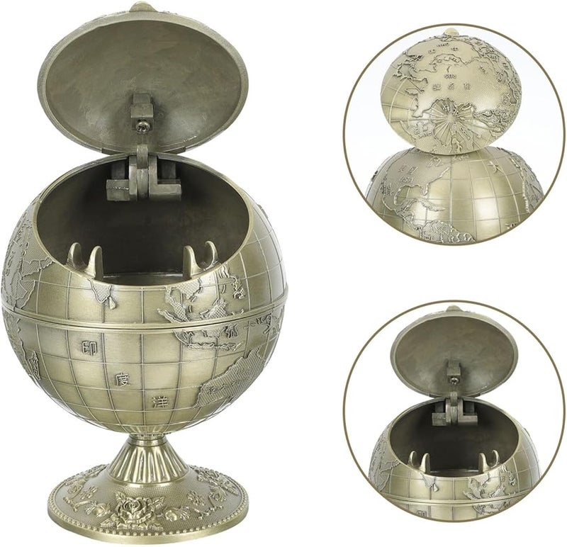 Vintage Globe Design Windproof Metal Ashtray With Lid For Home Office Bar - Image 4