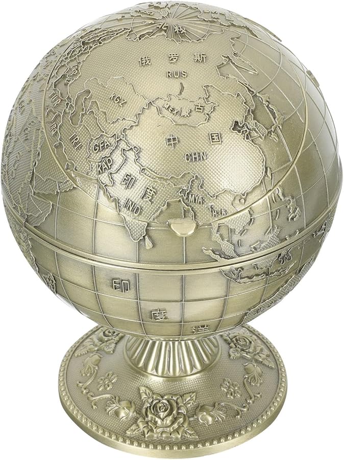 Vintage Globe Design Windproof Metal Ashtray With Lid For Home Office Bar - Image 2