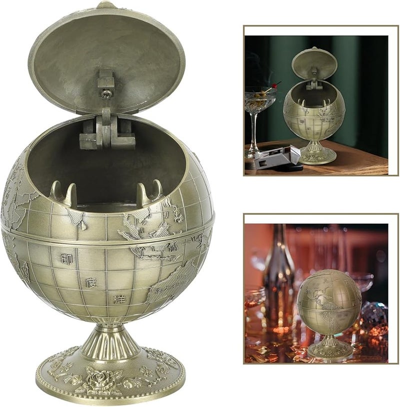 Vintage Globe Design Windproof Metal Ashtray With Lid For Home Office Bar - Image 5