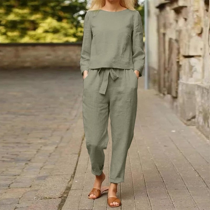 Barbora Linen Casual Waist Belted Women's Two Piece Set Bottom Top LN01HAKI22  - Image 2