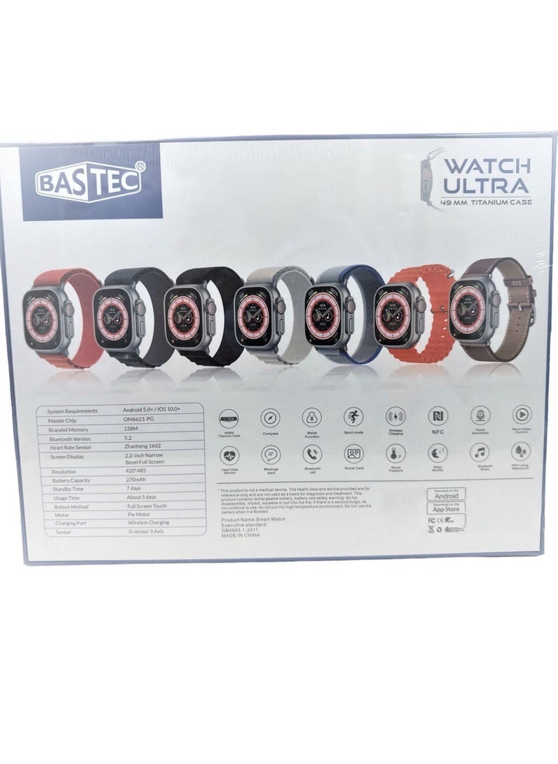 Bastec - BC ULTRA MAX Smart Watch Series 8 With A Full Screen, Wireless Charging, And Supports NFC, With 7 Additional Bracelets And Protective Cover - 49 mm - Gold - Image 1