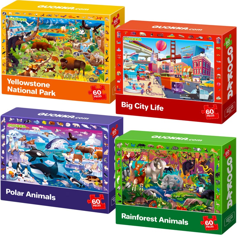 QUOKKA Puzzles for Kids Ages 4-6 - 4 x 60 Puzzles for Toddlers 5-8 - Educational Search & Find Toy for 8-10 yo for Learning Forest Polar, USA National Park Animals & City Life - Image 1
