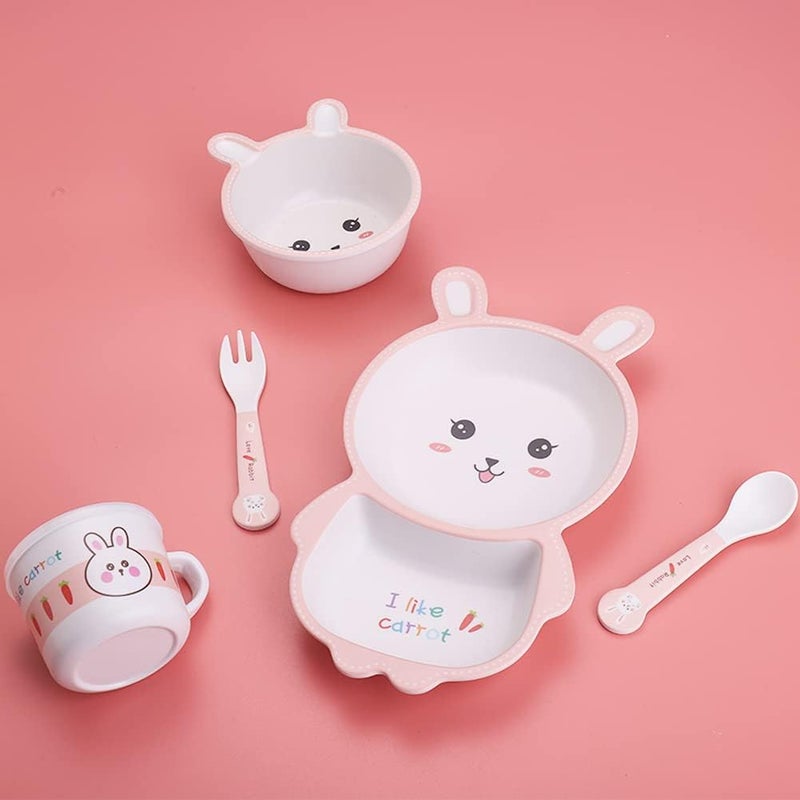 Fekdod Bamboo Kids Dinnerware Set 5 Pcs Includes Plate Bowl Cup Fork Spoon Perfect for Kids BPAFree Rabbit - Image 3