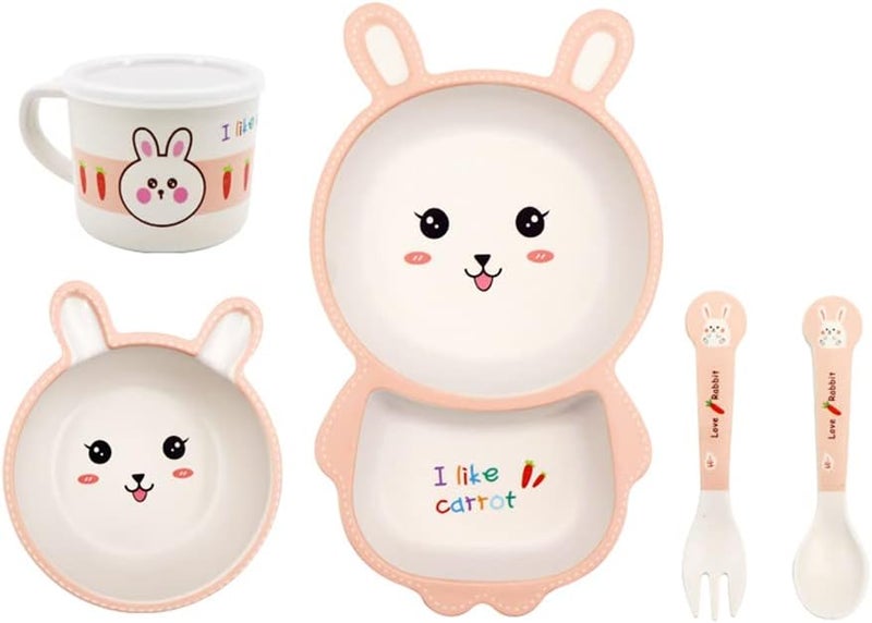 Fekdod Bamboo Kids Dinnerware Set 5 Pcs Includes Plate Bowl Cup Fork Spoon Perfect for Kids BPAFree Rabbit - Image 1
